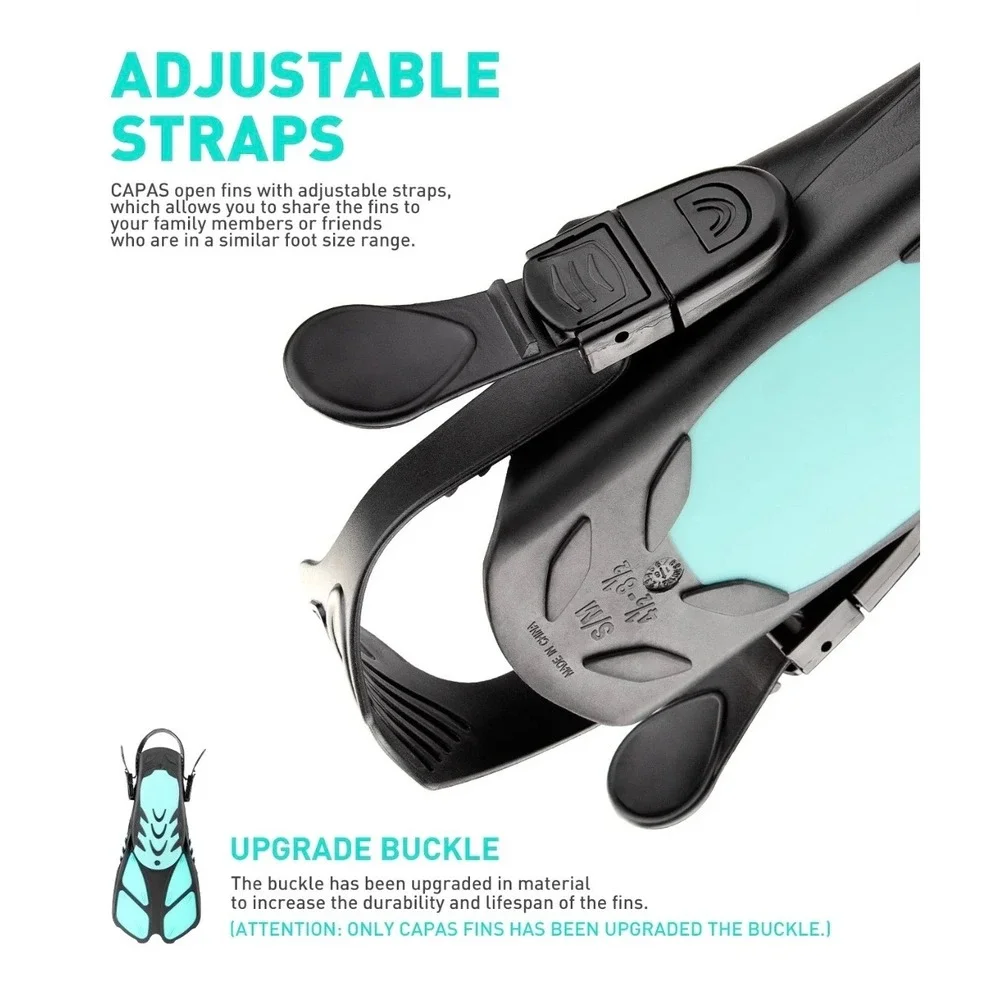 CAPAS Snorkel Fins Black Teal Open‎ Heel Adjustable Travel Flippers S/MD JR 9-13